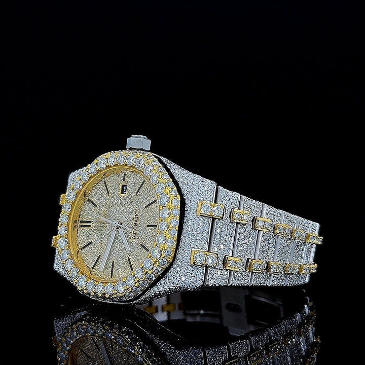 Black Stick Markers Diamond Dial Two Tone Iced Out Yellow Gold Moissanite Watch Left Profile View