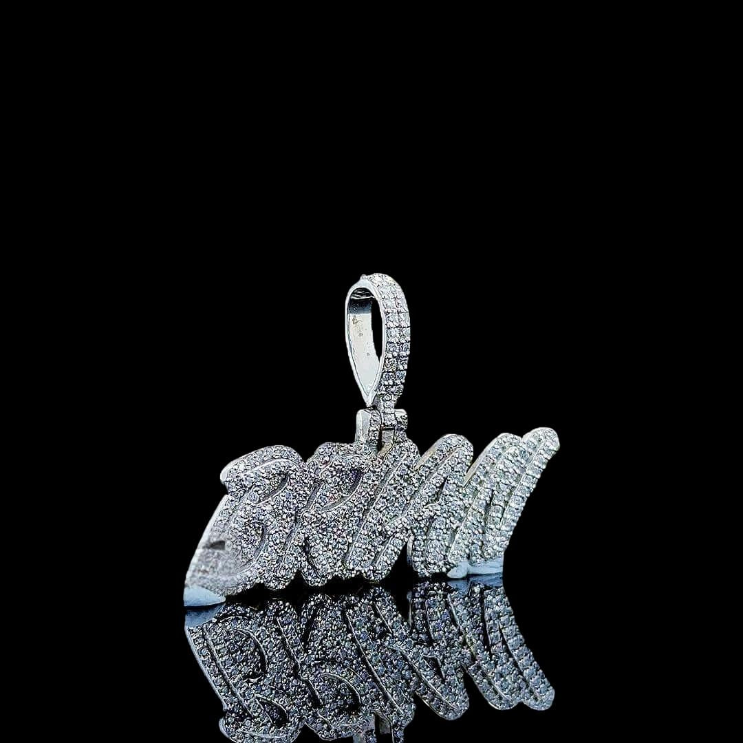 Brian Iced Script Moissanite Pendant in 925 Sterling Silver Right Profile View