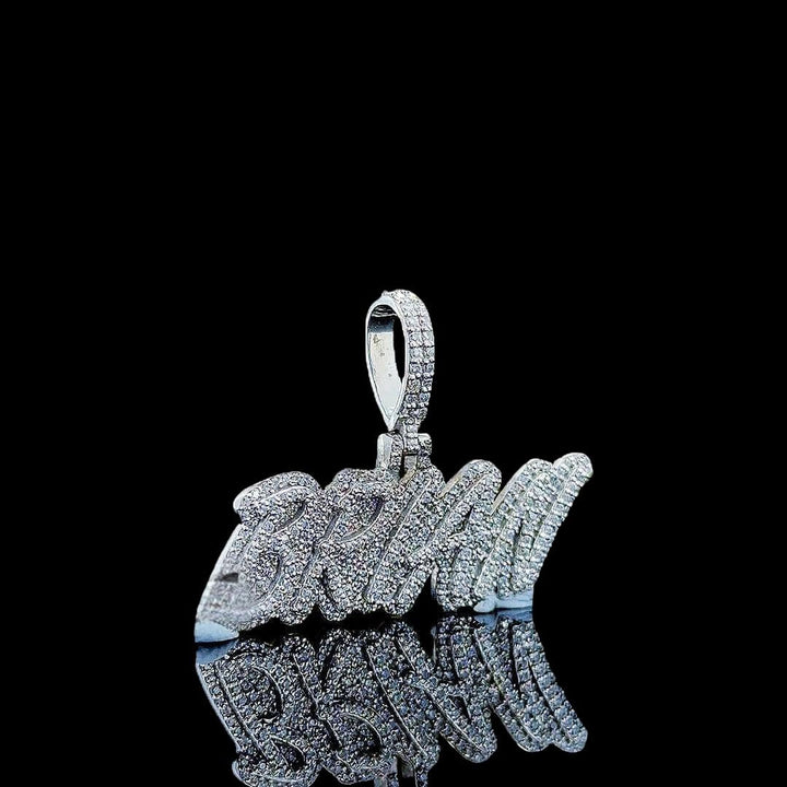 Brian Iced Script Moissanite Pendant in 925 Sterling Silver Right Profile View