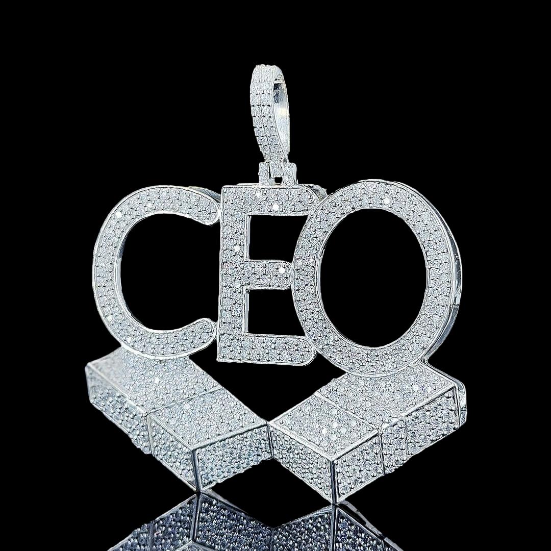 CEO Moissanite Block Letter Pendant in 925 Sterling Silver Close Up Front View