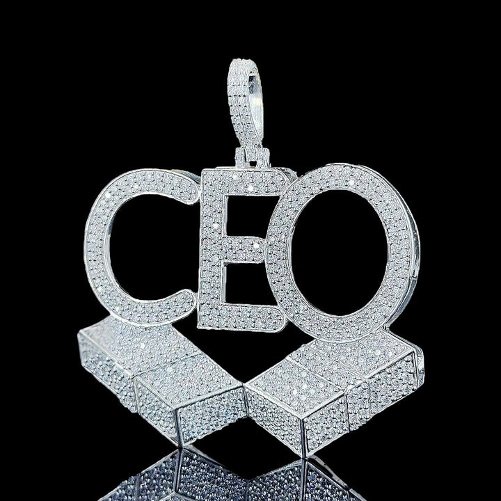 CEO Moissanite Block Letter Pendant in 925 Sterling Silver Close Up Front View
