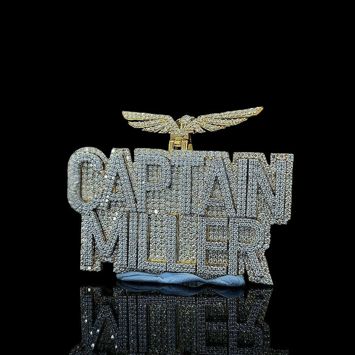 Captain Miller Iced Moissanite Name Pendant in 925 Sterling Silver Close Up Front View