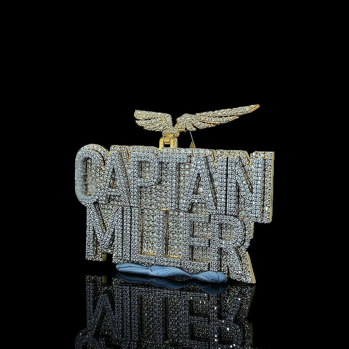 Captain Miller Iced Moissanite Name Pendant in 925 Sterling Silver Left Profile View