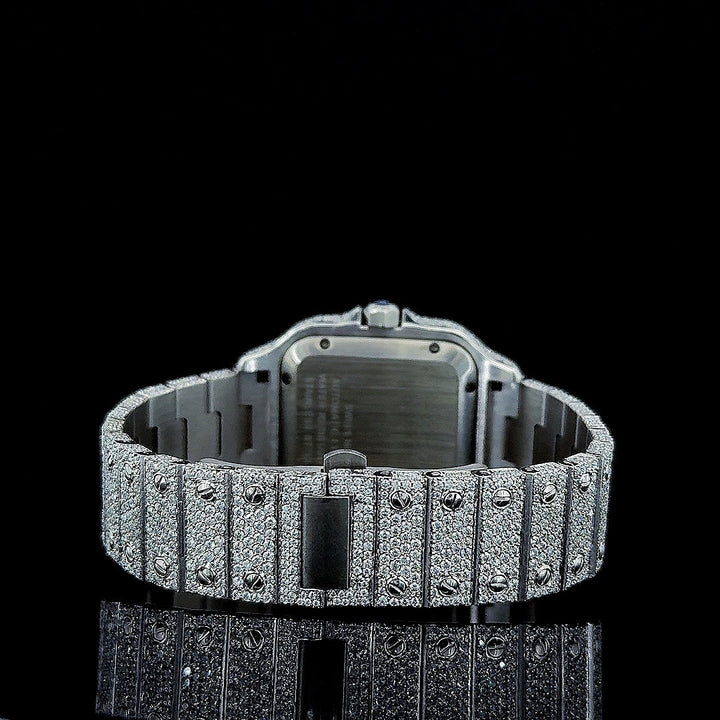 Cartier Black Arabic Numerals Dial Fully Iced Out Moissanite Watch Caseback View