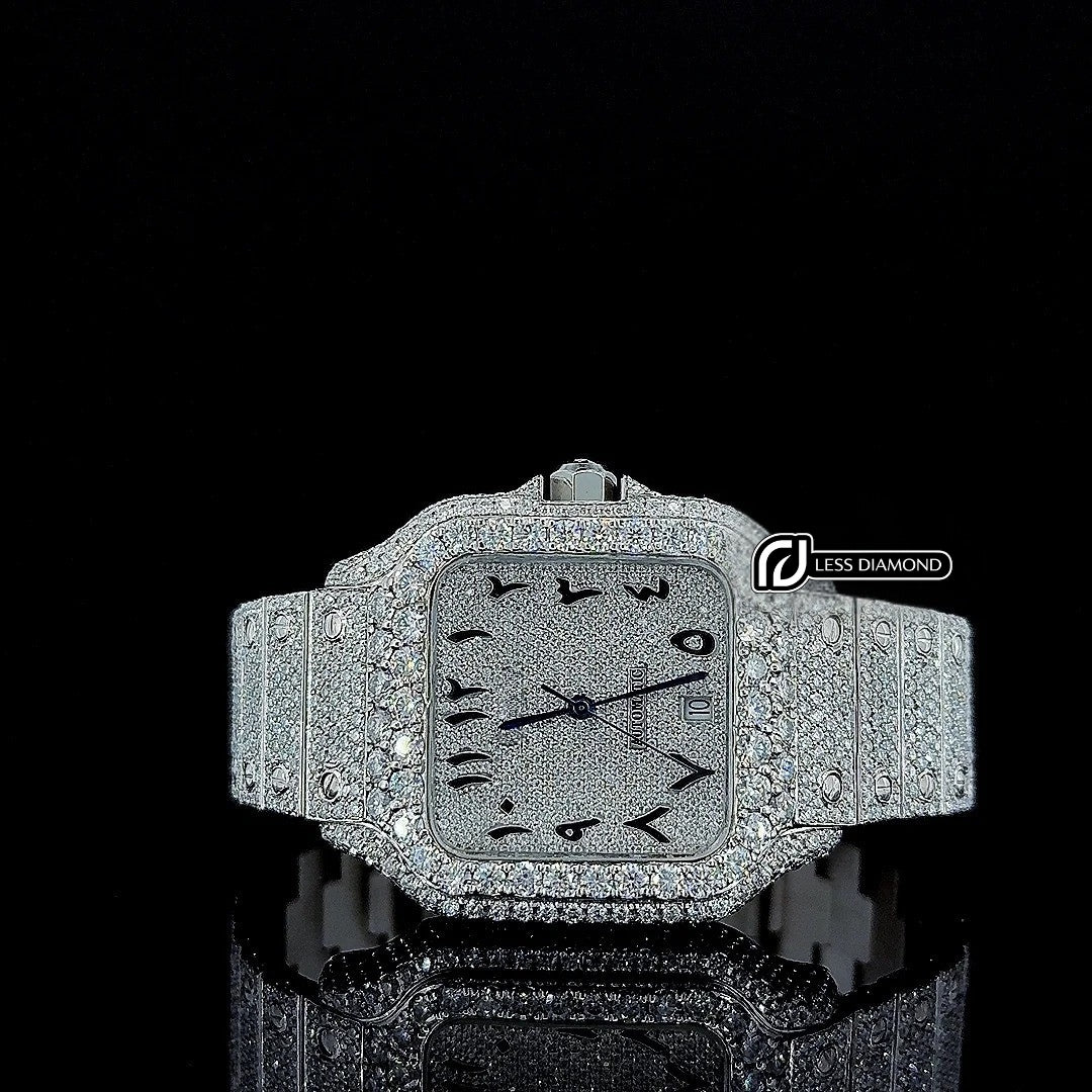 Cartier Black Arabic Numerals Dial Fully Iced Out Moissanite Watch Front View