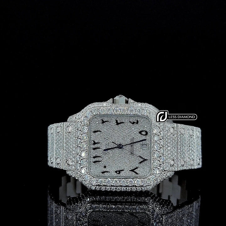Cartier Black Arabic Numerals Dial Fully Iced Out Moissanite Watch Front View