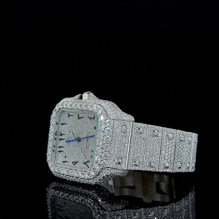 Cartier Black Arabic Numerals Dial Fully Iced Out Moissanite Watch Left Profile View