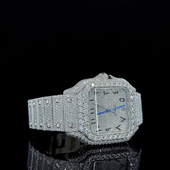 Cartier Black Arabic Numerals Dial Fully Iced Out Moissanite Watch Right Profile View