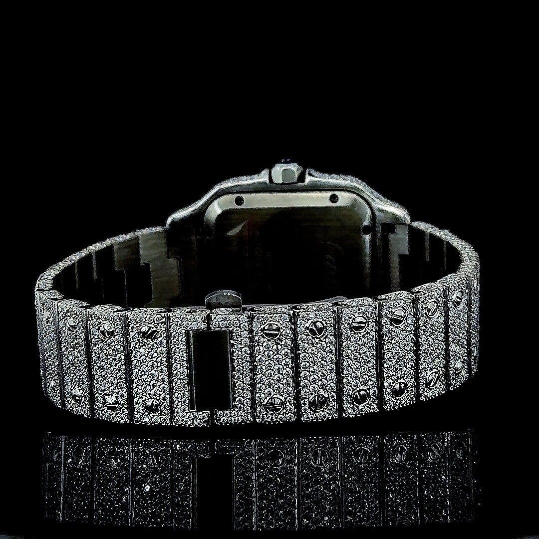 Cartier Black Roman Numerals Dial Fully Iced Out Moissanite Watch Caseback View
