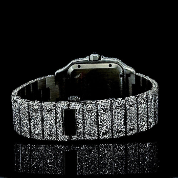 Cartier Black Roman Numerals Dial Fully Iced Out Moissanite Watch Caseback View