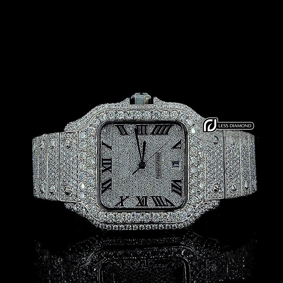 Cartier Black Roman Numerals Dial Fully Iced Out Moissanite Watch Front View
