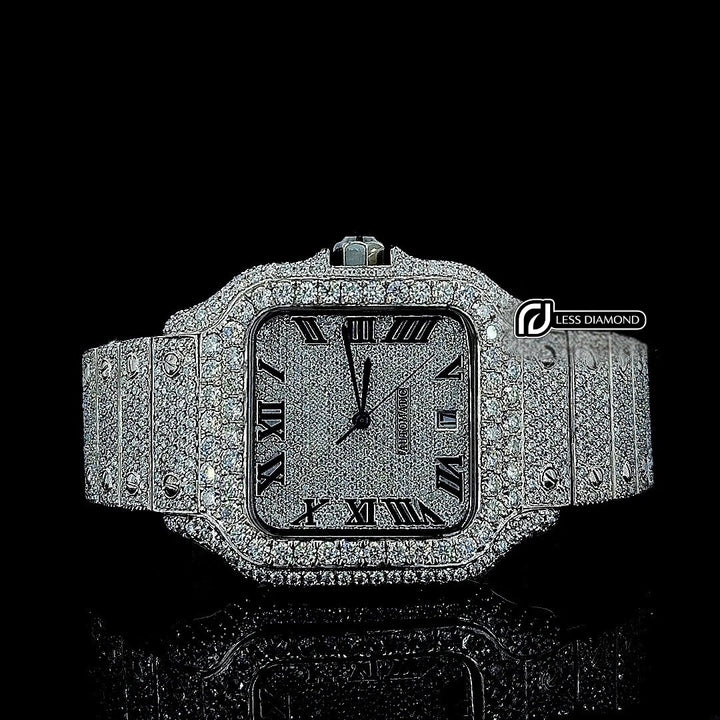 Cartier Black Roman Numerals Dial Fully Iced Out Moissanite Watch Front View