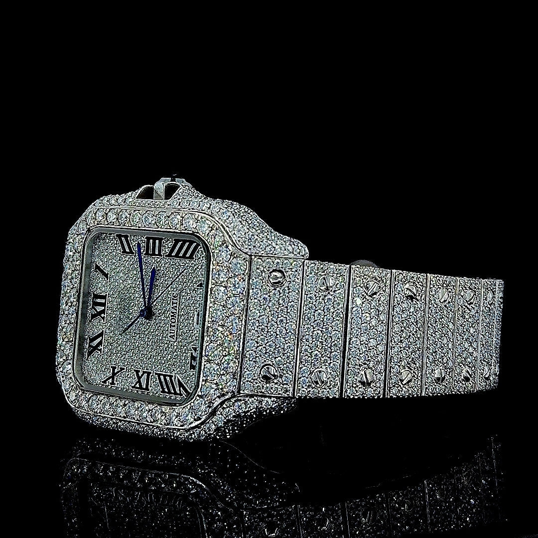 Cartier Black Roman Numerals Dial Fully Iced Out Moissanite Watch Left Profile View