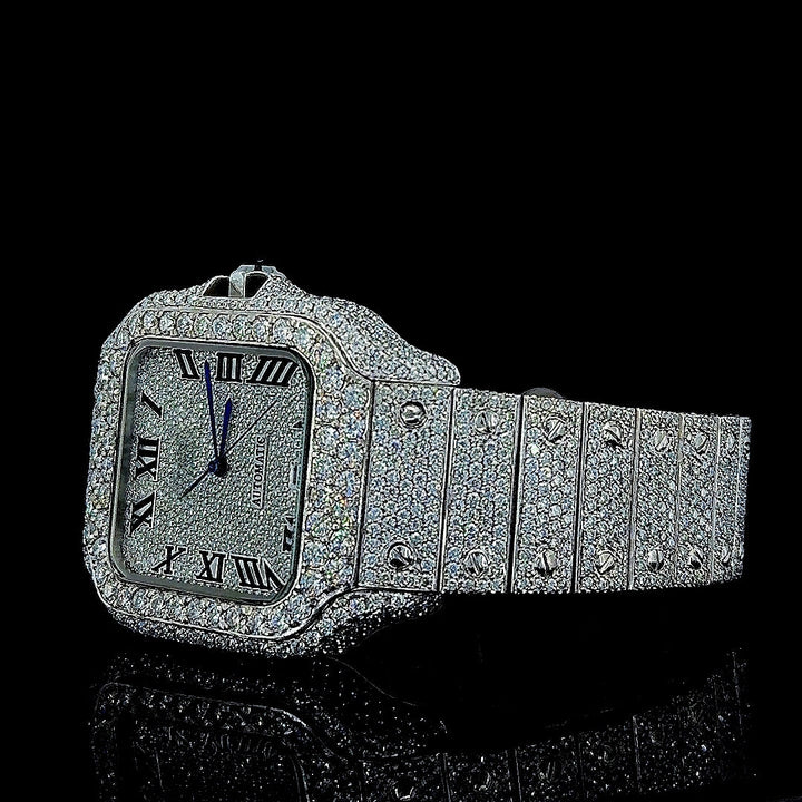 Cartier Black Roman Numerals Dial Fully Iced Out Moissanite Watch Left Profile View
