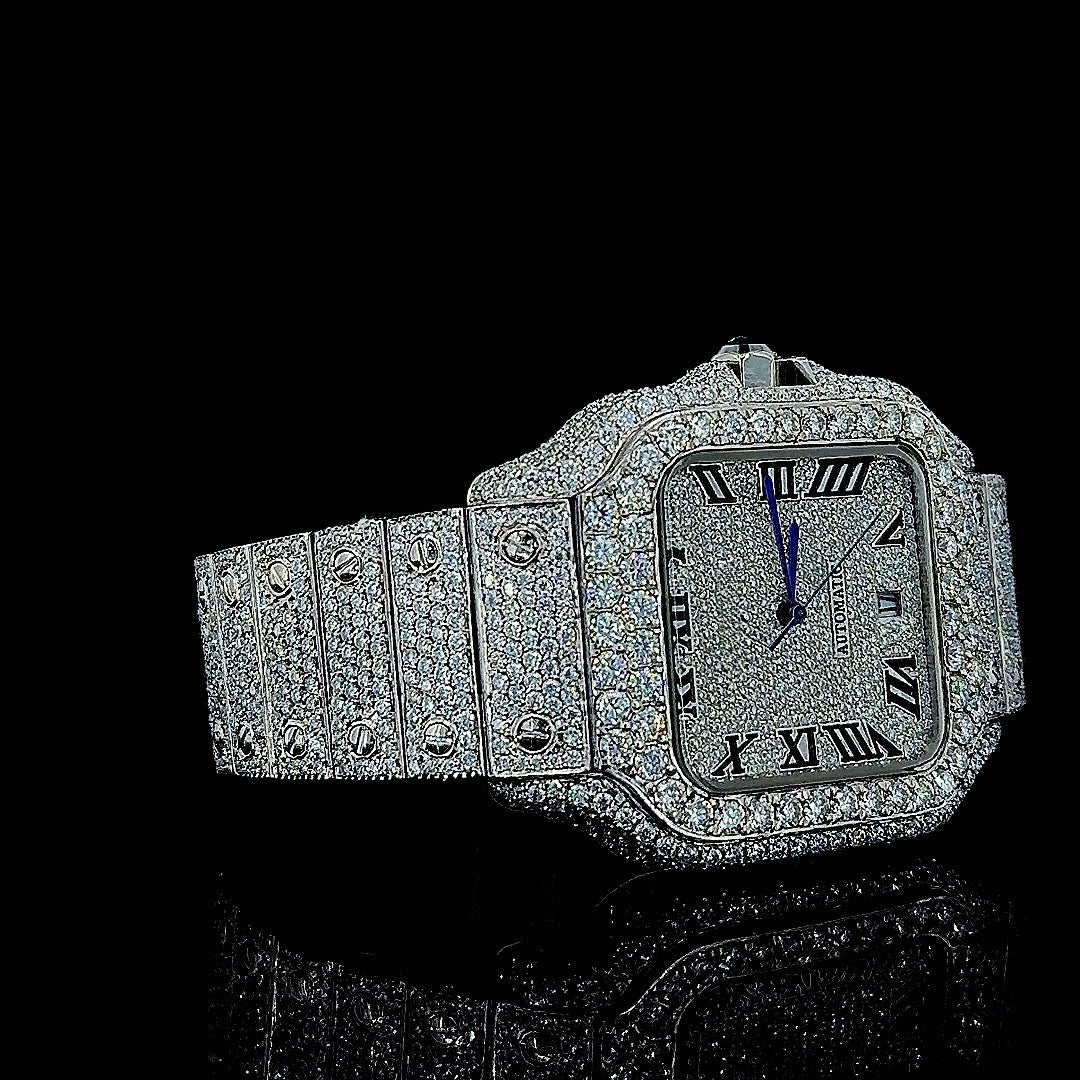 Cartier Black Roman Numerals Dial Fully Iced Out Moissanite Watch Right Profile View