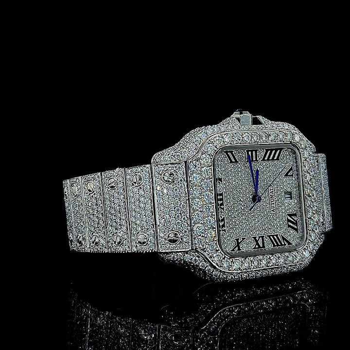 Cartier Black Roman Numerals Dial Fully Iced Out Moissanite Watch Right Profile View