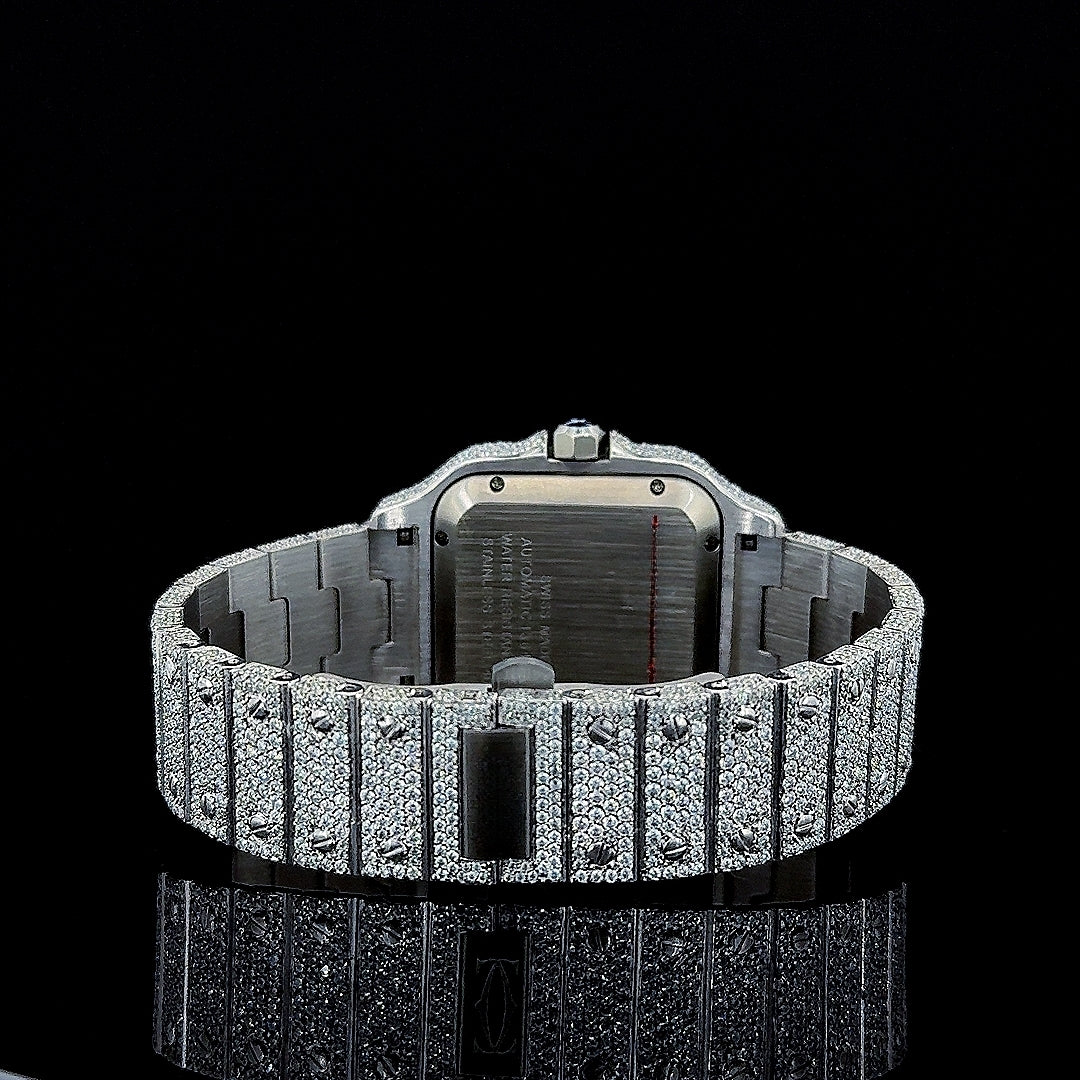 Cartier Green Roman Dial Fully Iced Out Moissanite Diamond Watch Caseback View