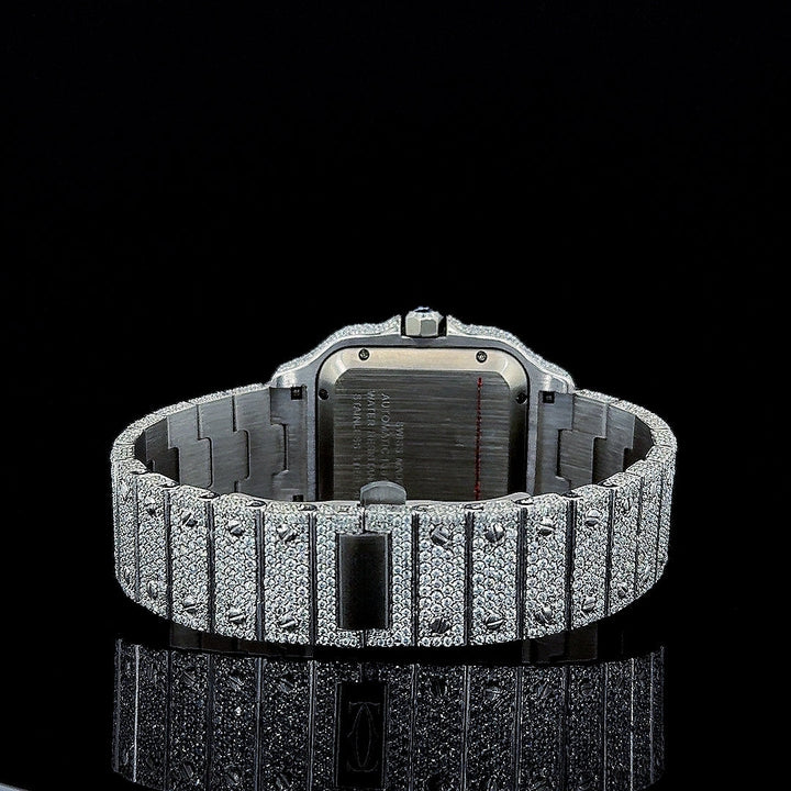 Cartier Green Roman Dial Fully Iced Out Moissanite Diamond Watch Caseback View