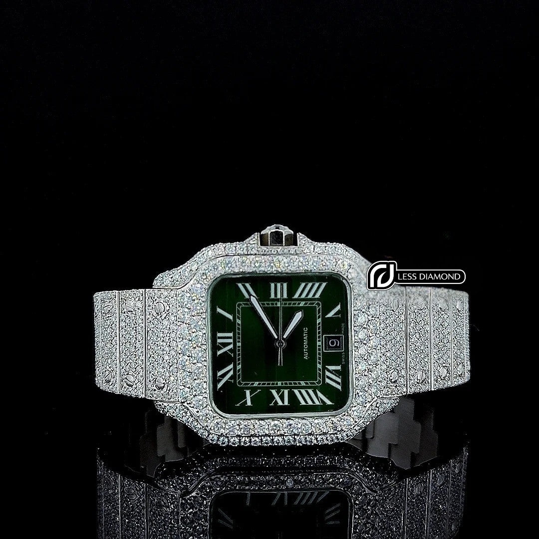 Cartier Green Roman Dial Fully Iced Out Moissanite Diamond Watch Front View