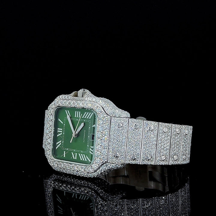 Cartier Green Roman Dial Fully Iced Out Moissanite Diamond Watch Left Profile View