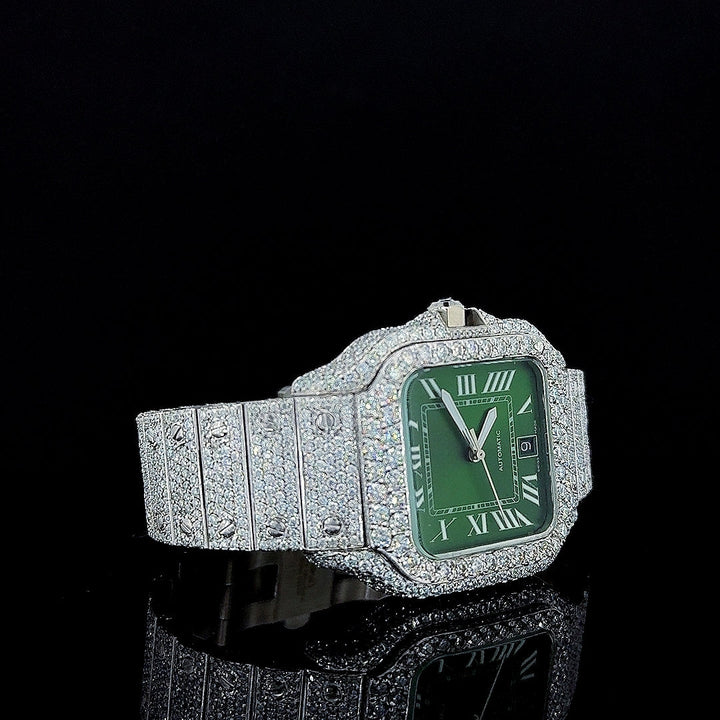 Cartier Green Roman Dial Fully Iced Out Moissanite Diamond Watch Right Profile View