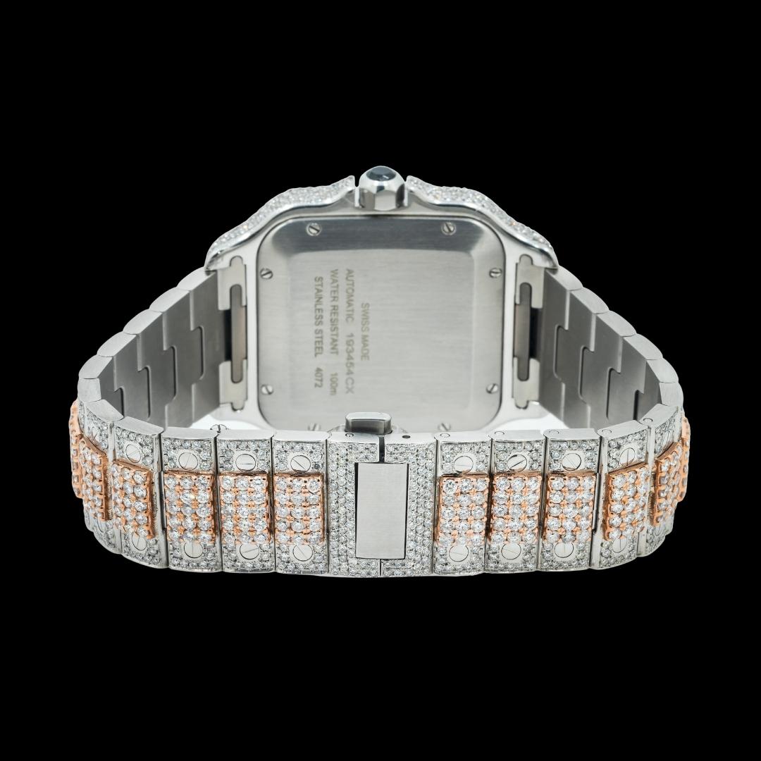Cartier Santos Black Roman Numerals Dial Two Tone Rose Gold Diamond Block Bracelet Watch Caseback View