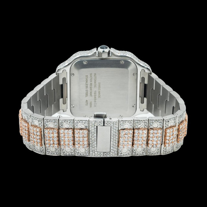 Cartier Santos Black Roman Numerals Dial Two Tone Rose Gold Diamond Block Bracelet Watch Caseback View