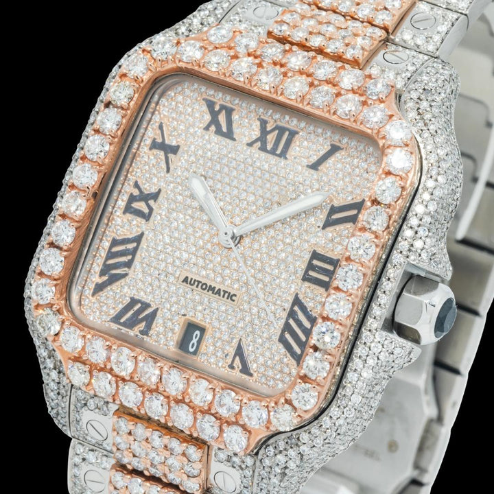 Cartier Santos Black Roman Numerals Dial Two Tone Rose Gold Diamond Block Bracelet Watch Close Up Dial View