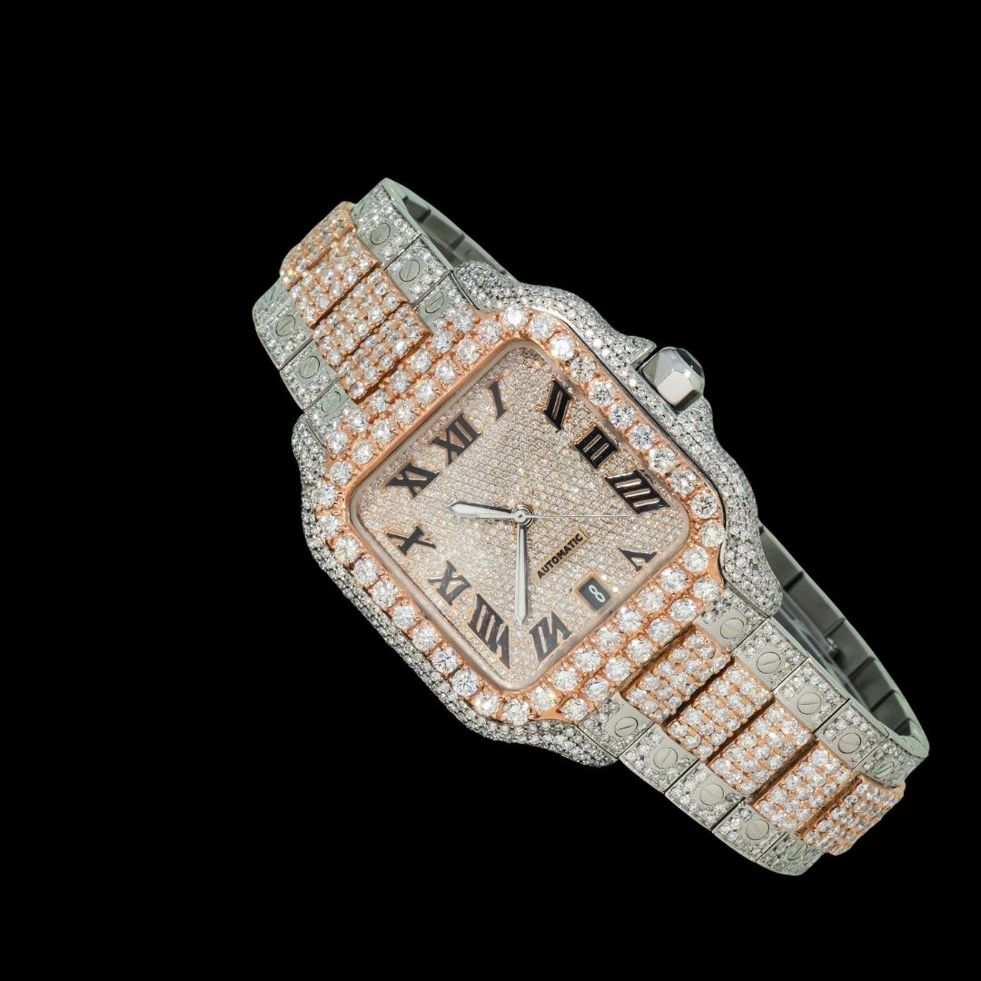 Cartier Santos Black Roman Numerals Dial Two Tone Rose Gold Diamond Block Bracelet Watch Close Up Front View