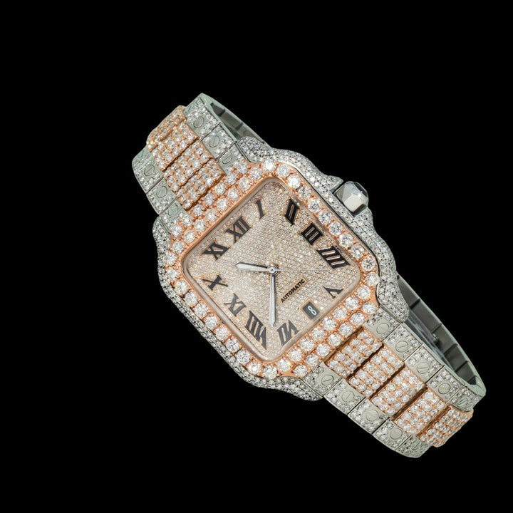 Cartier Santos Black Roman Numerals Dial Two Tone Rose Gold Diamond Block Bracelet Watch Close Up Front View