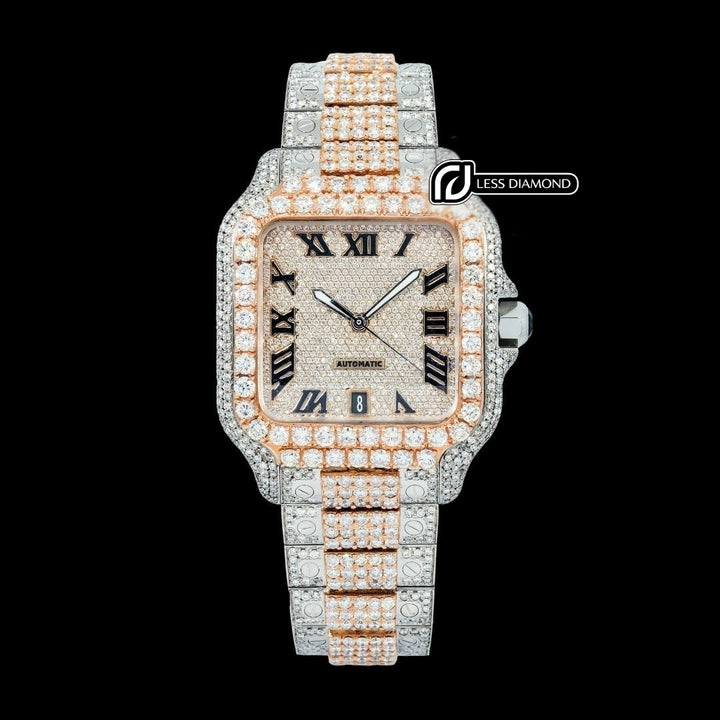 Cartier Santos Black Roman Numerals Dial Two Tone Rose Gold Diamond Block Bracelet Watch Front View