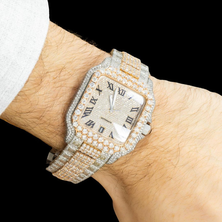 Cartier Santos Black Roman Numerals Dial Two Tone Rose Gold Diamond Block Bracelet Watch On Wrist View