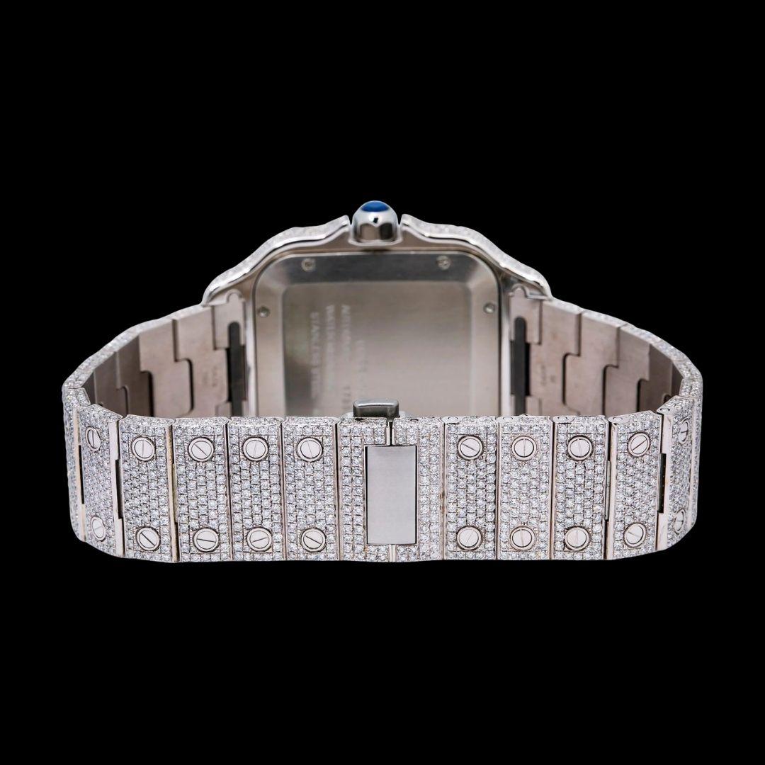 Cartier Santos Blue Dial White Roman Numerals Two Tone Rose Gold Moissanite Watch Caseback View