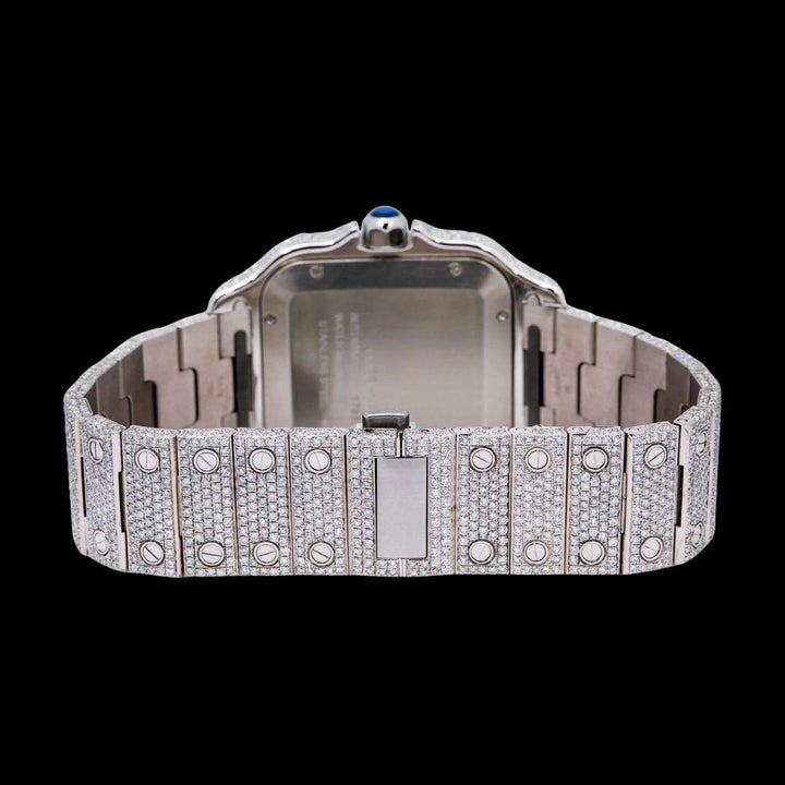 Cartier Santos Blue Dial White Roman Numerals Two Tone Rose Gold Moissanite Watch Caseback View