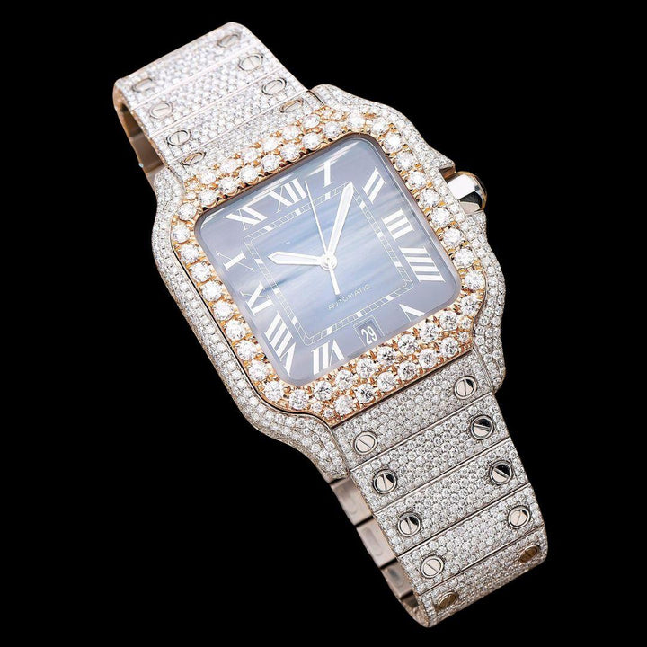 Cartier Santos Blue Dial White Roman Numerals Two Tone Rose Gold Moissanite Watch Close Up Front View