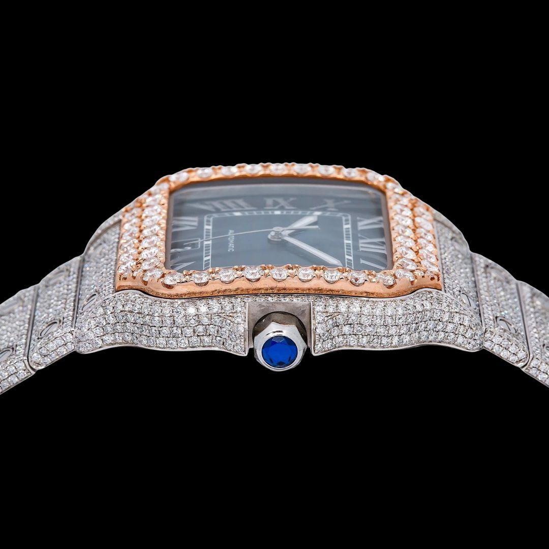 Cartier Santos Blue Dial White Roman Numerals Two Tone Rose Gold Moissanite Watch Crown View