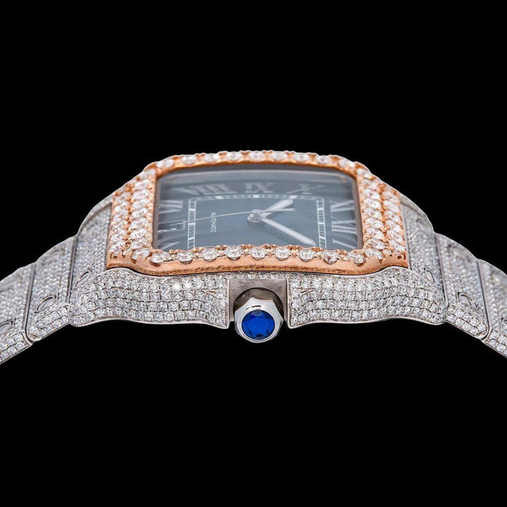 Cartier Santos Blue Dial White Roman Numerals Two Tone Rose Gold Moissanite Watch Crown View