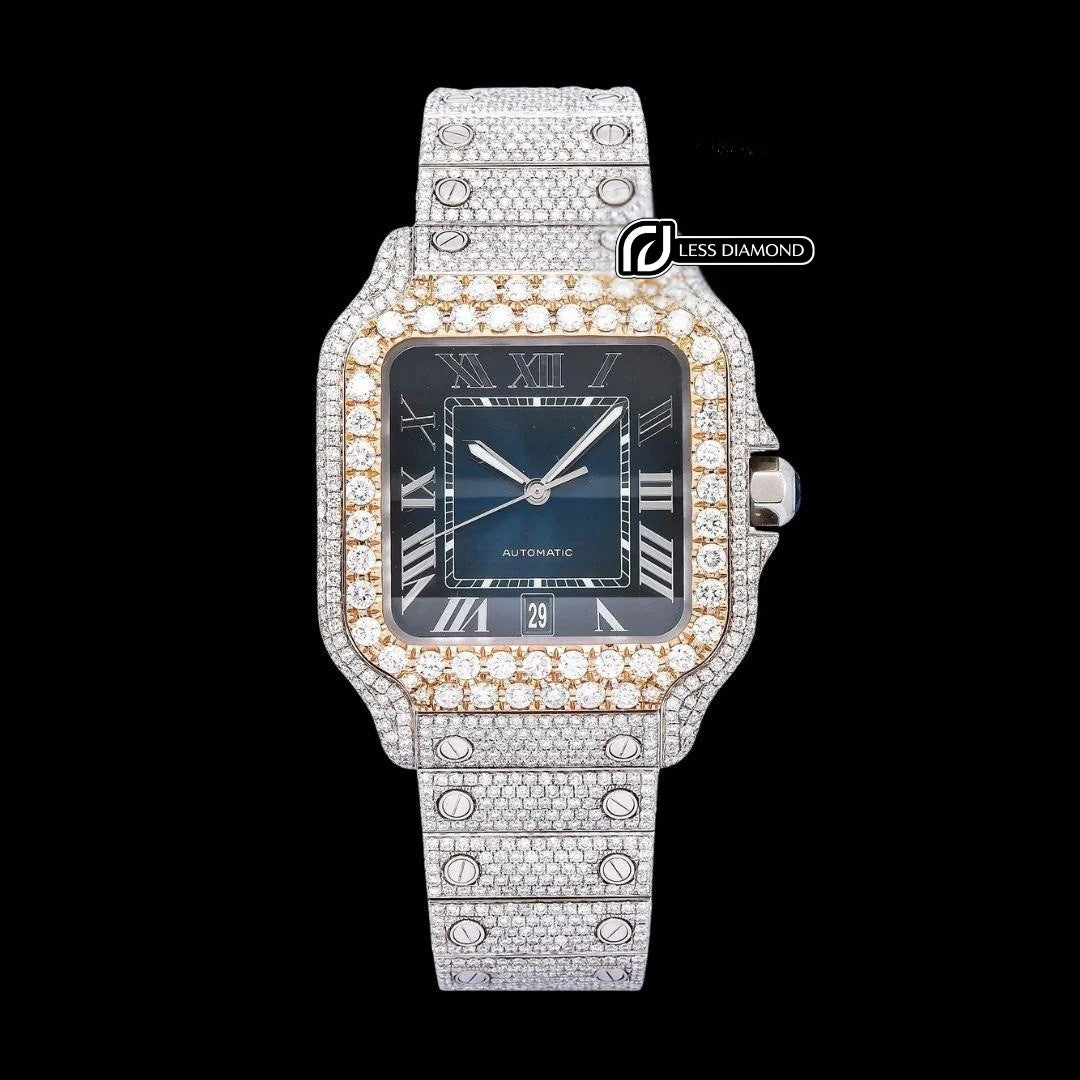 Cartier Santos Blue Dial White Roman Numerals Two Tone Rose Gold Moissanite Watch Front View