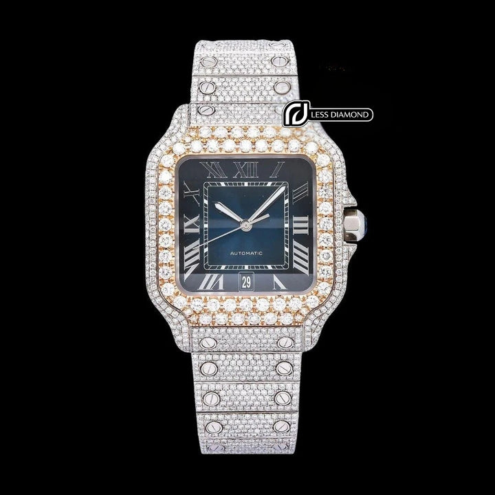 Cartier Santos Blue Dial White Roman Numerals Two Tone Rose Gold Moissanite Watch Front View