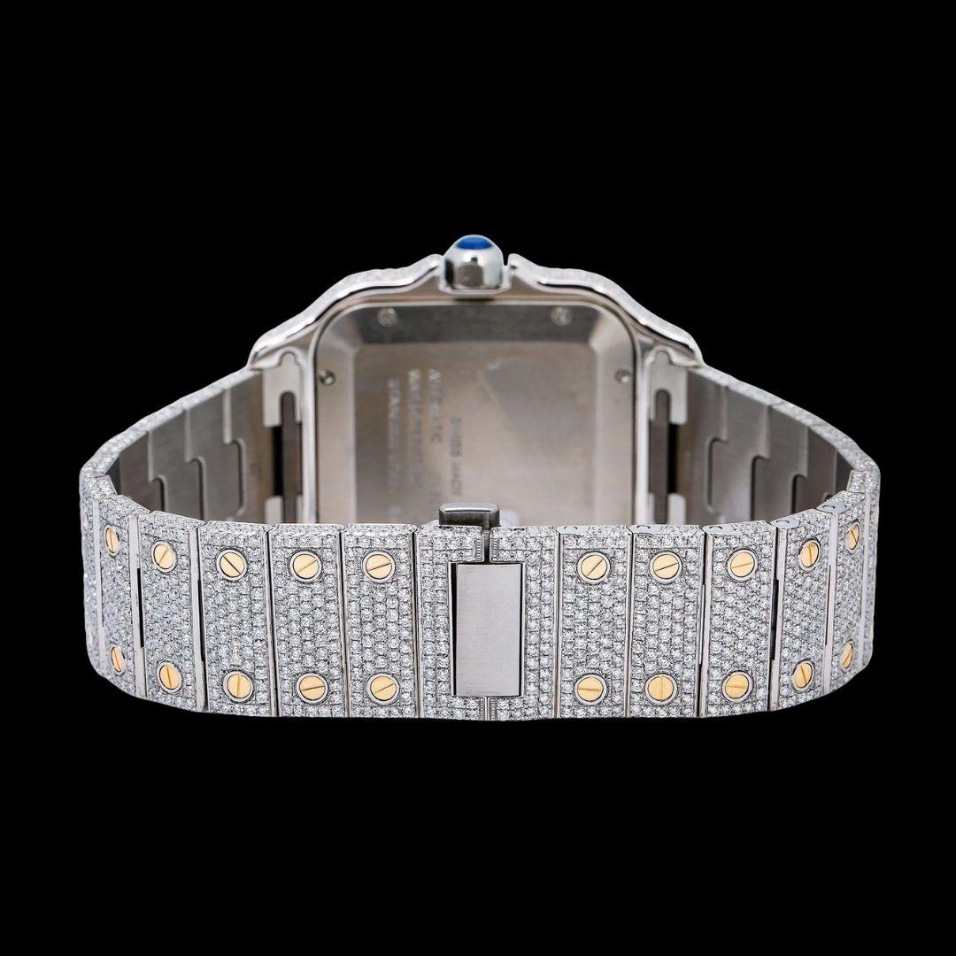 Cartier Santos Blue Dial White Roman Numerals Two Tone Yellow Gold Moissanite Watch Caseback View