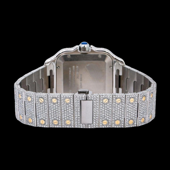 Cartier Santos Blue Dial White Roman Numerals Two Tone Yellow Gold Moissanite Watch Caseback View