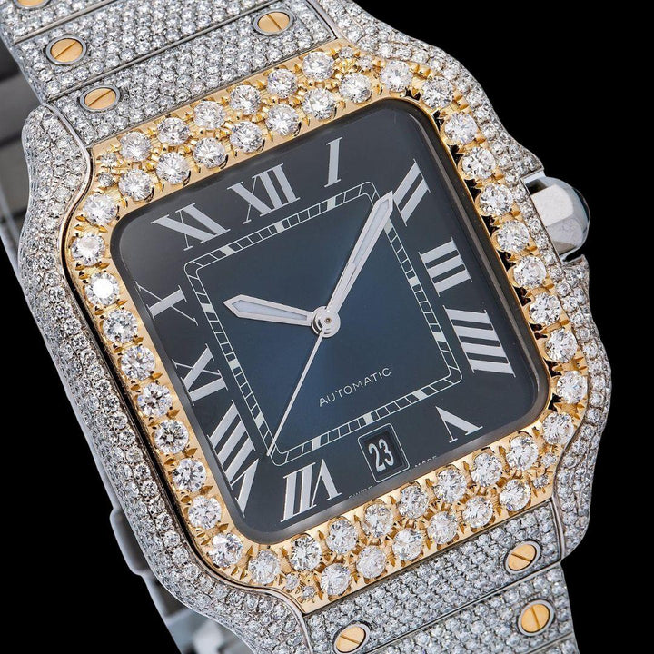 Cartier Santos Blue Dial White Roman Numerals Two Tone Yellow Gold Moissanite Watch Close Up Dial View