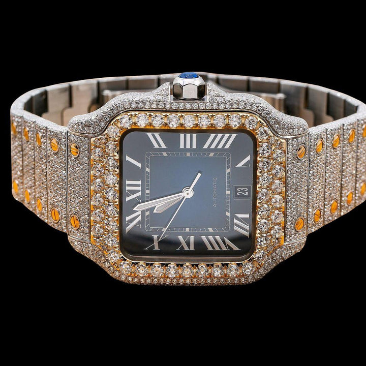 Cartier Santos Blue Dial White Roman Numerals Two Tone Yellow Gold Moissanite Watch Close Up Front View