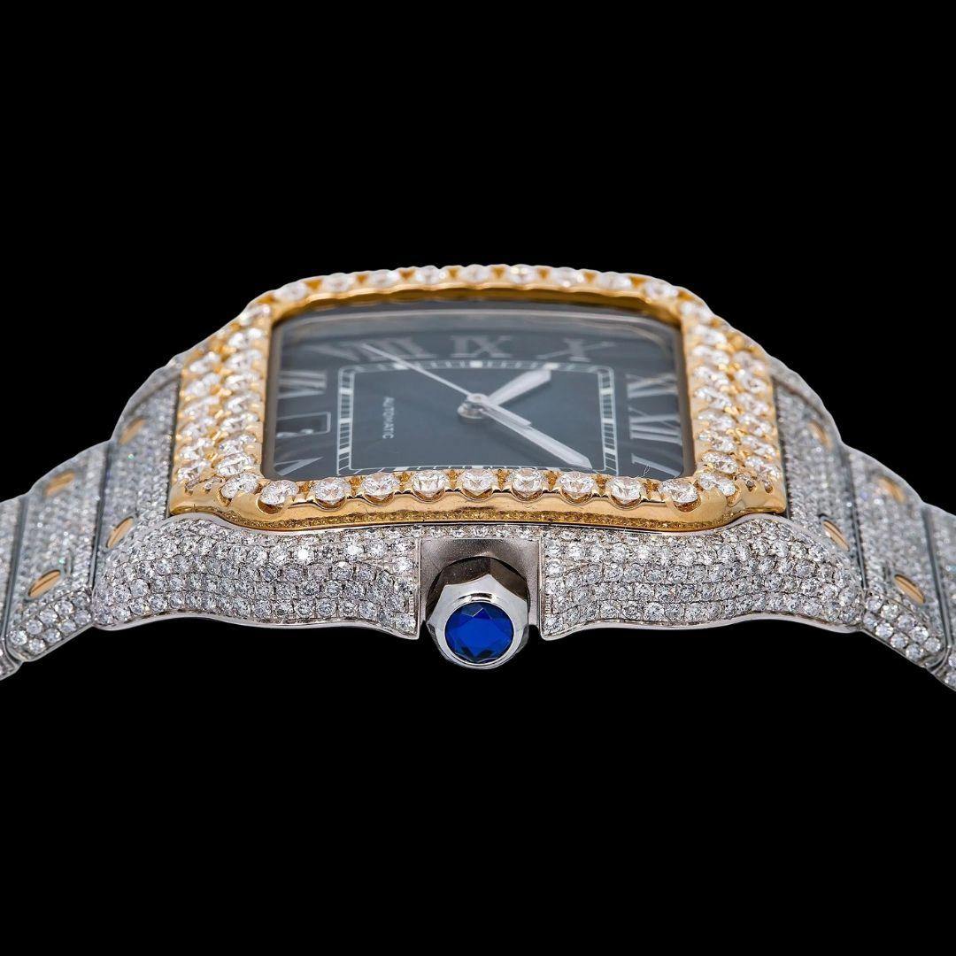 Cartier Santos Blue Dial White Roman Numerals Two Tone Yellow Gold Moissanite Watch Crown View