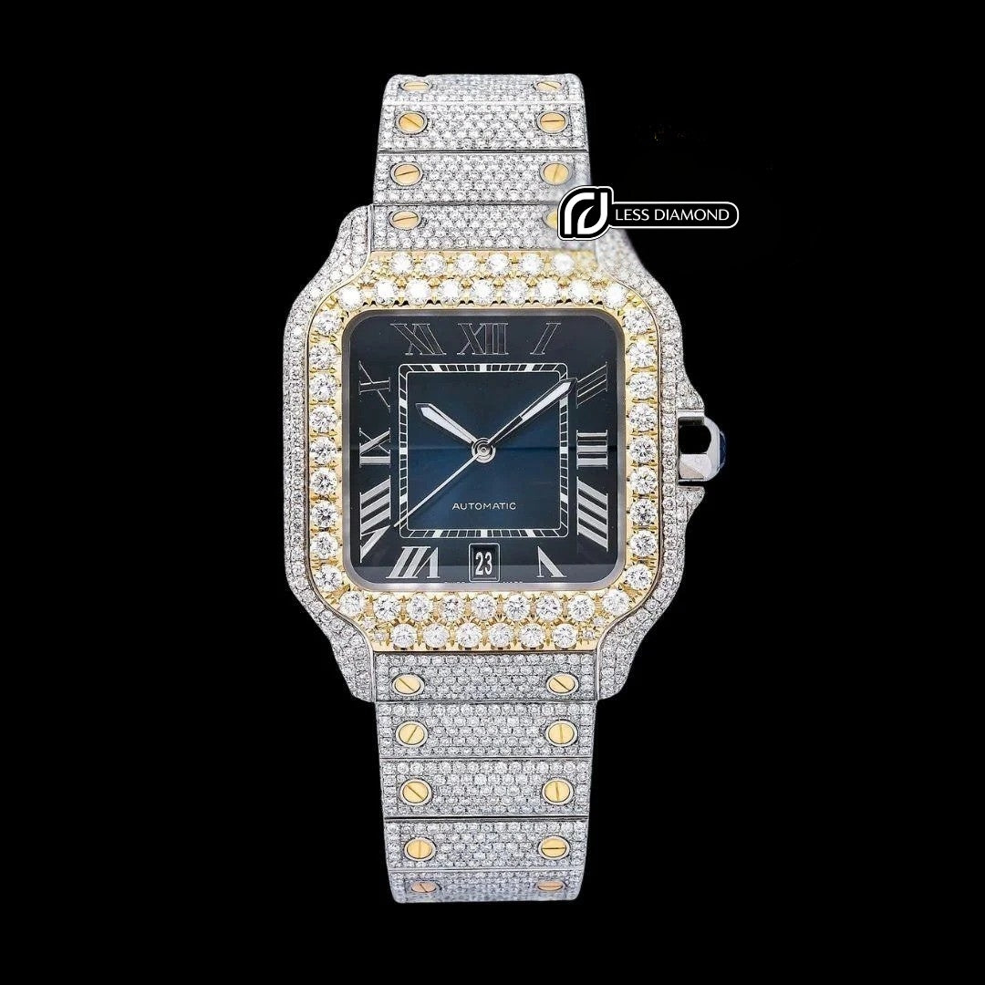 Cartier Santos Blue Dial White Roman Numerals Two Tone Yellow Gold Moissanite Watch Front View