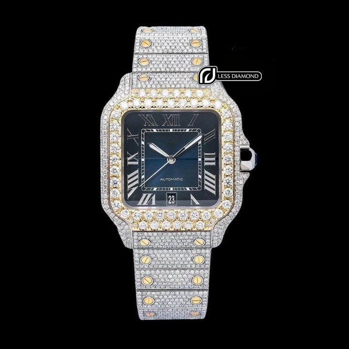 Cartier Santos Blue Dial White Roman Numerals Two Tone Yellow Gold Moissanite Watch Front View