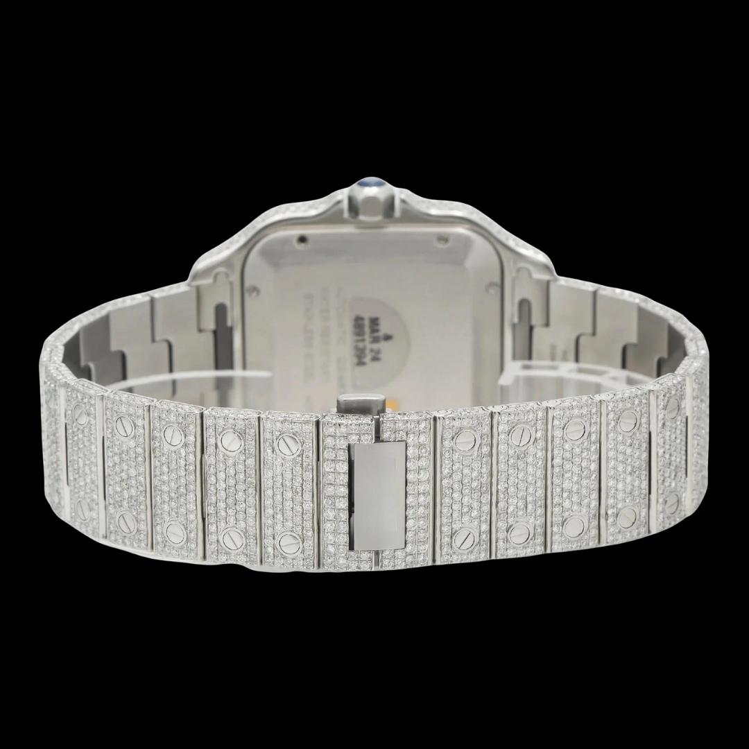 Cartier Santos Blue Roman Dial Diamond Fully Iced Out Moissanite Watch Caseback View