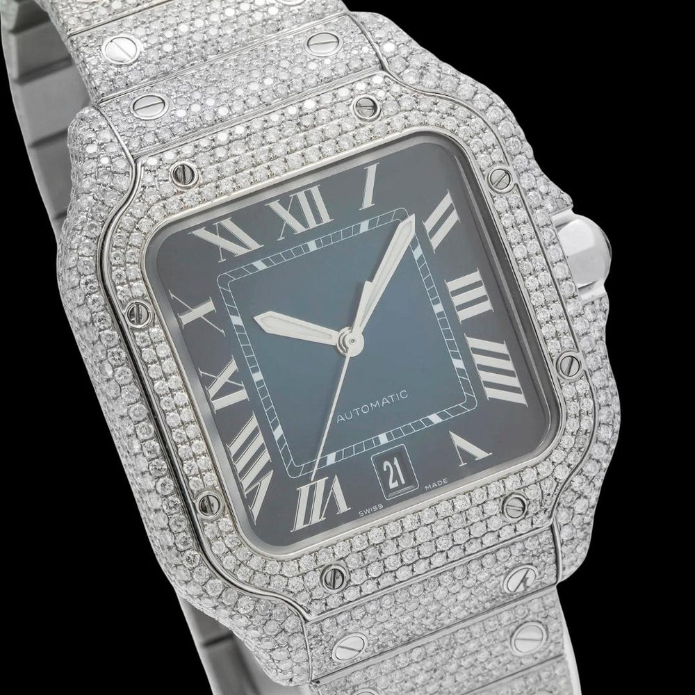 Cartier Santos Blue Roman Dial Diamond Fully Iced Out Moissanite Watch Close Up Dial View
