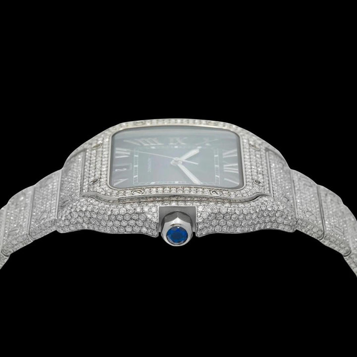 Cartier Santos Blue Roman Dial Diamond Fully Iced Out Moissanite Watch Crown View