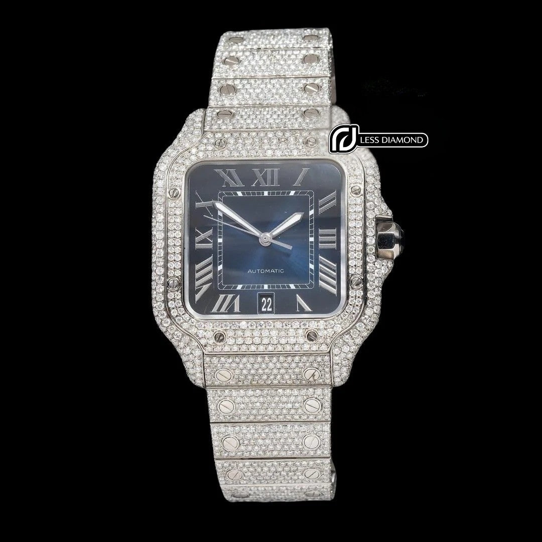 Cartier Santos Blue Roman Dial Diamond Fully Iced Out Moissanite Watch Front View